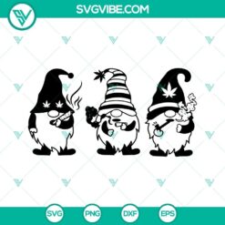 Three gnome characters smoking weed in a cartoon style SVG image set, featuring gnomes with joints. Perfect for high gnome-themed projects.