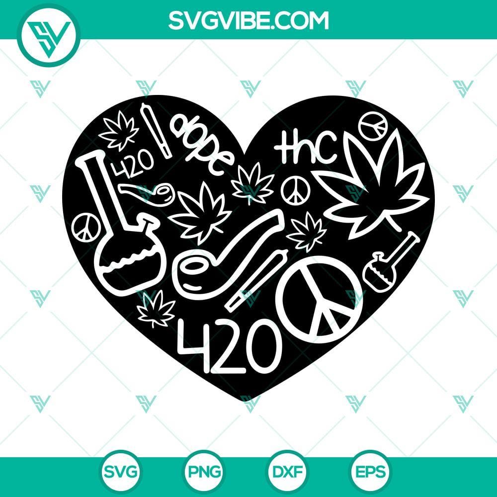 420 Heart SVG, Cannabis SVG, Weed Love SVG, Cute Marijuana SVG PNG DXF EPS 420 heart SVG with cannabis design for download, cute weed love illustration, perfect for marijuana enthusiasts.