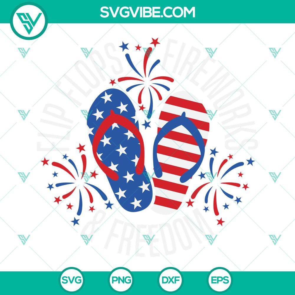 4th Of July Flip Flops Fireworks Freedom SVG PNG DXF EPS Cricut 4th of July flip flops fireworks and freedom SVG file for Cricut, with PNG, DXF, and EPS formats.