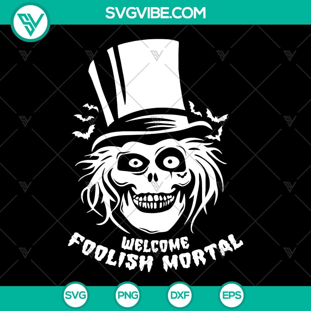 Hatbox Ghost Welcome Foolish Mortal SVG File, Haunted Mansion SVG Image PNG Hatbox Ghost SVG design for Haunted Mansion fans with "Welcome Foolish Mortals" text, available in PNG format.