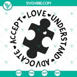 Accept Love Understand Advocate SVG image, featuring a puzzle piece with a heart design, ideal for awareness campaigns.