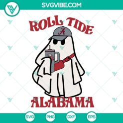 Alabama Crimson Tide Boo Jee Ghost SVG featuring a Roll Tide Ghost drinking, perfect for fan apparel and crafts.