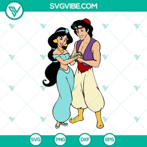 Aladdin and Princess Jasmine SVG images, featuring Aladdin and Jasmine characters in detailed file for digital use.