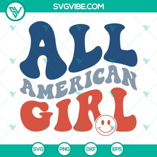 All American Girl SVG file with a smiling face design, perfect for patriotic 4th of July celebrations. Optimized for digital download.