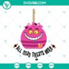 Cheshire Cat Halloween SVG design with Alice in Wonderland theme, featuring "All Mad Treats Here" text. Perfect for Halloween crafts.