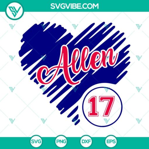 Josh Allen inspired Buffalo Bills heart-shaped SVG images for digital use, including PNG, DXF, and EPS files.