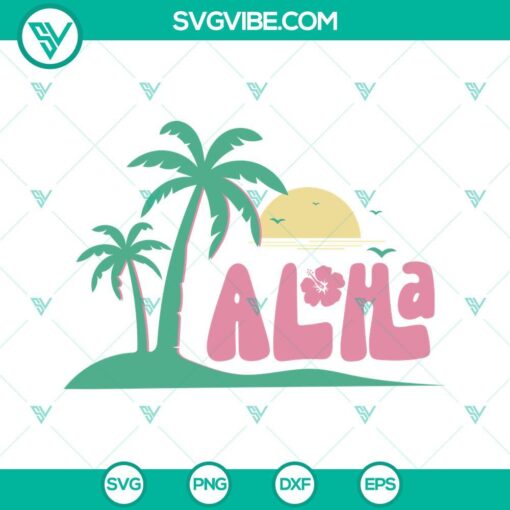 Tropical Aloha SVG design with beach sunset, summer vibes, and Hawaii elements in PNG, DXF, and EPS formats.