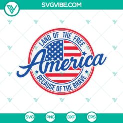 America Land Of The Free Because Of The Brave SVG Image with bold text overlay, perfect for patriotic projects and products.