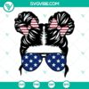 Patriotic girl messy bun hair kid sunglasses SVG files with American flag design, perfect for Independence Day.