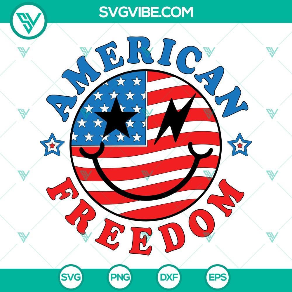 American Freedom Smiley Face SVG, USA Flag SVG, 4th Of July SVG PNG DXF EPS American freedom smiley face with USA flag and 4th of July design in SVG format.