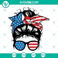 American patriotic messy bun hair SVG featuring mom design with American sunglasses, ideal for downloads.