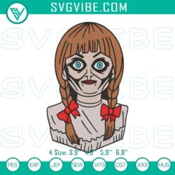 Horror doll Annabelle embroidery files for Halloween machine design, spooky and intricate sew pattern for crafting projects.