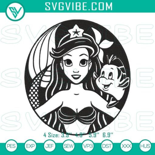 Ariel and Flounder machine embroidery design inspired by The Little Mermaid, digital files for crafting.
