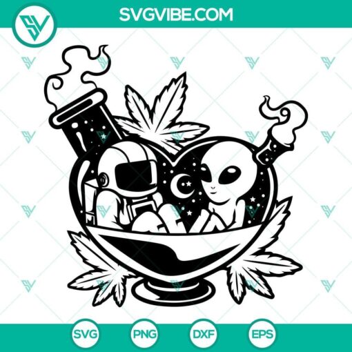 Astronaut and Alien Smoking Cannabis SVG with Moon in background, space-themed digital design illustration, perfect for stoner-themed projects.