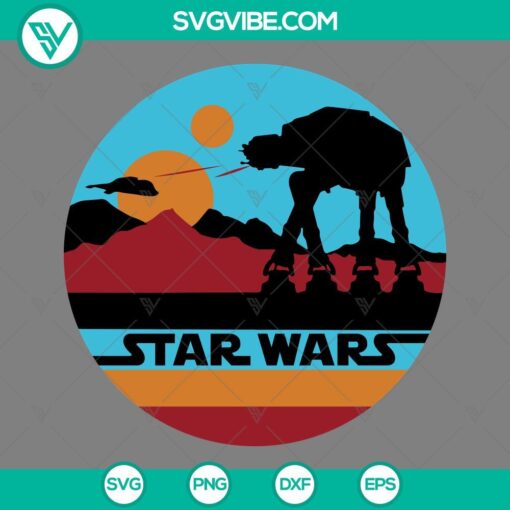 AT-AT Walker Star Wars retro sunset design in SVG, PNG, EPS, and DXF file formats for download.