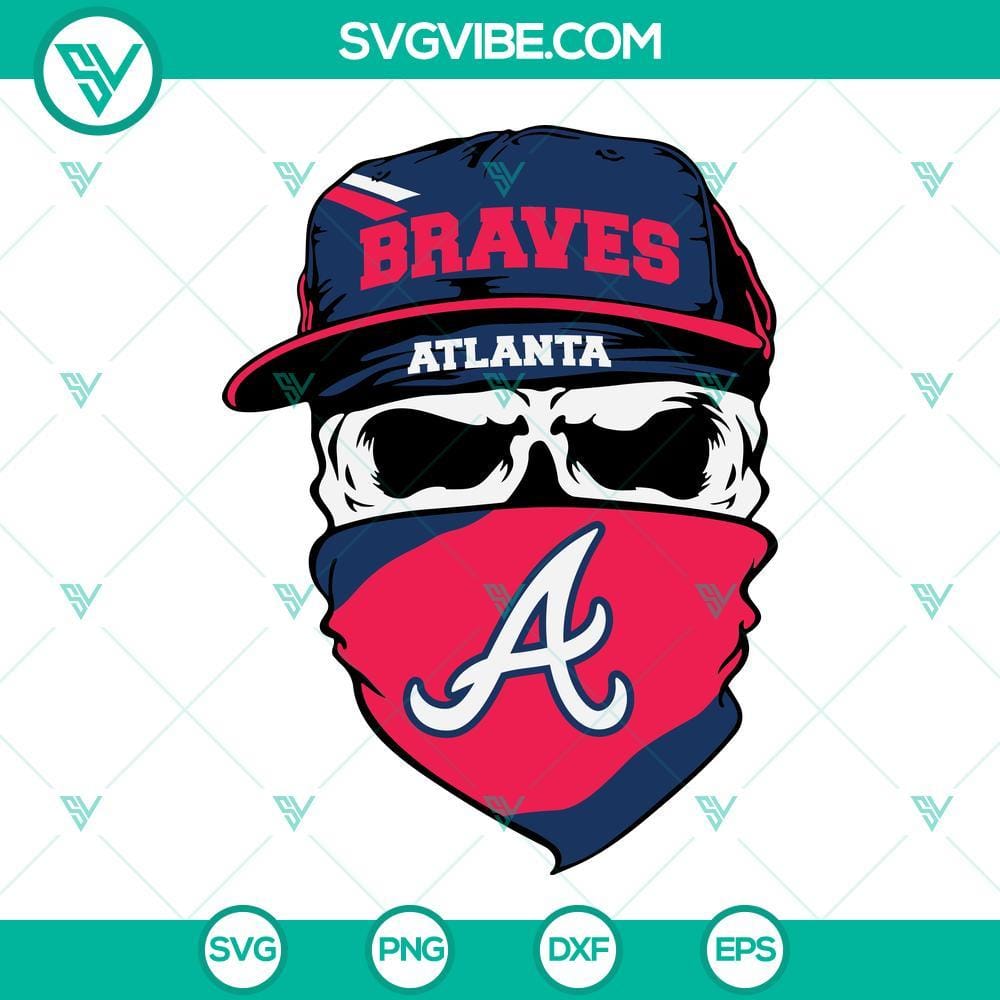 Atlanta Brave Skull SVG, Braves Baseball SVG PNG DXF EPS Cut Files Atlanta Braves baseball team themed skull SVG images in PNG, DXF, and EPS formats for cutting projects.