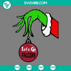 Atlanta Falcons Grinch hand holding ornament SVG for Christmas, downloadable design with team colors.