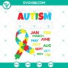 Autism Awareness Month SVG file featuring a variety of autism-themed designs for shirts, including puzzles, hearts, and supportive messages.