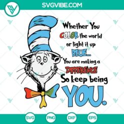 Autism-themed Dr Seuss Cat in the Hat SVG design for autism teachers, colorful and inspiring for awareness campaigns.
