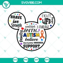 Autism-themed Mickey and Minnie mouse ears SVG download, puzzle piece SVG download, and warrior SVG files for DIY projects.