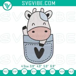 Baby Cow In Pocket Embroidery File, Farm Animal Embroidery Design