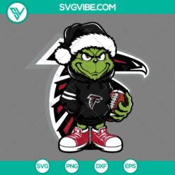 Cute Baby Grinch in Atlanta Falcons gear wearing a Santa hat, includes SVG, PNG, EPS, and DXF files for download.