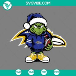 Baby Grinch Baltimore Ravens wearing Santa hat with SVG PNG EPS DXF files - festive digital design for handmade crafts or decorations.