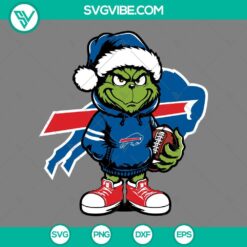 Adorable Baby Grinch Buffalo Bills wearing a Santa hat. SVG, PNG, EPS, and DXF files perfect for holiday crafts.