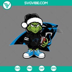 Baby Grinch Carolina Panthers wearing Santa hat design in SVG, PNG, EPS, and DXF formats for holiday crafts and projects.