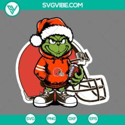 Cute Baby Grinch in Cleveland Browns outfit wearing Santa hat SVG download with PNG, EPS, and DXF files for Christmas crafts.