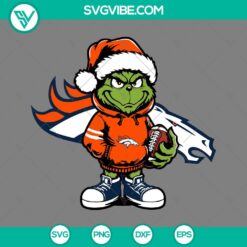 Baby Grinch Denver Broncos wearing a Santa hat in SVG, PNG, EPS, and DXF files for holidays and football fans.