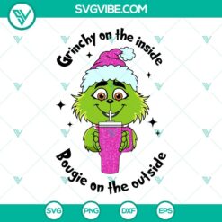 Baby Grinch glitter tumbler SVG with Grinchmas files, Grinchy on the Inside Bougie on the Outside design for holiday crafting.