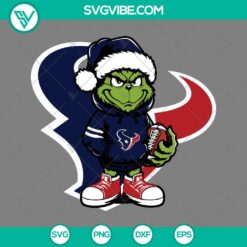 Baby Grinch Houston Texans wearing Santa hat design in SVG, PNG, EPS, and DXF files for holiday craft projects.