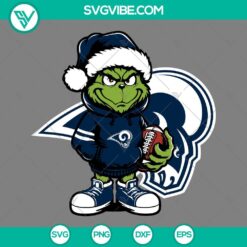 Baby Grinch Los Angeles Rams wearing Santa hat digital files in SVG, PNG, EPS, and DXF formats. Perfect for football fans' holiday crafts.
