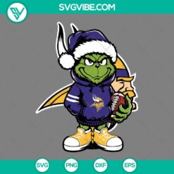 Adorable Baby Grinch Minnesota Vikings with Santa Hat SVG file, perfect for Christmas crafts. Vikings themed design in various file formats.