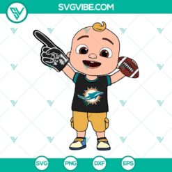 Baby JJ Cocomelon Miami Dolphins SVG images PNG DXF EPS for Cricut crafting, featuring cartoon character in NFL team gear.