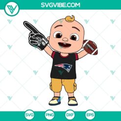 SVG images of Baby JJ from Cocomelon wearing New England Patriots gear for use in Cricut projects. Patriots themed design in multiple file formats.