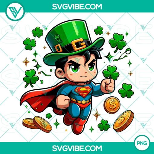 Superman-themed Baby St. Patrick's Day PNG with Shamrock Clover design, ideal for digital download.