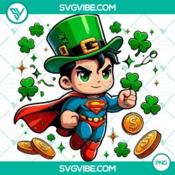 Baby Super Man Marvel St Patrick's Day PNG with Shamrock Clover, ideal for St Patty's projects, downloadable PNG images for web use.
