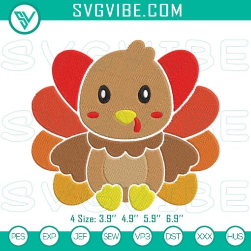 Baby turkey embroidery designs for Thanksgiving. Adorable machine file perfect for holiday projects.