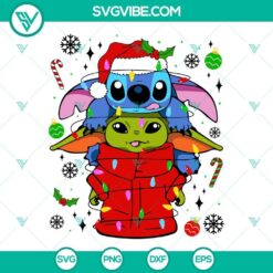 Baby Yoda and Stitch Christmas SVG file, perfect for Disneyworld family Christmas, featuring adorable character designs for holiday crafting.