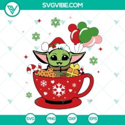Baby Yoda Christmas coffee SVG files featuring Star Wars theme for holiday crafting projects. EPS, PNG, and DXF formats available.