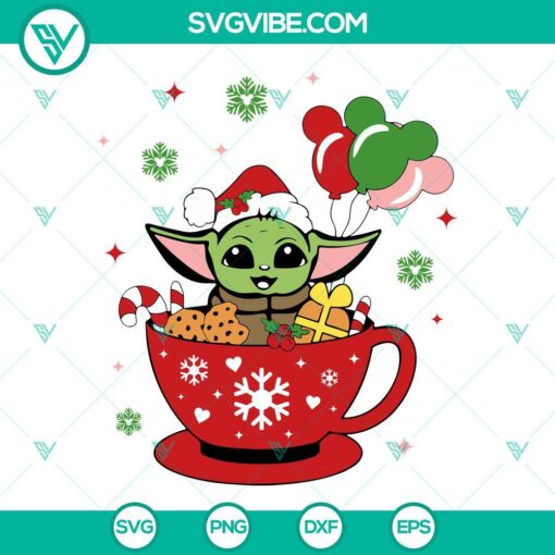 Baby Yoda Christmas coffee SVG files featuring Star Wars theme for holiday crafting projects. EPS, PNG, and DXF formats available.