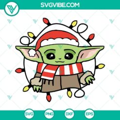 Christmas-themed Baby Yoda character SVG images for Cricut and Silhouette, includes lights, available in PNG, DXF, and EPS formats.