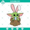 Cute Baby Yoda wearing Easter bunny ears and holding an Easter egg, perfect for holiday crafting projects.