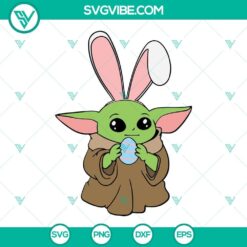 Cute Baby Yoda wearing Easter bunny ears and holding an Easter egg, perfect for holiday crafting projects.