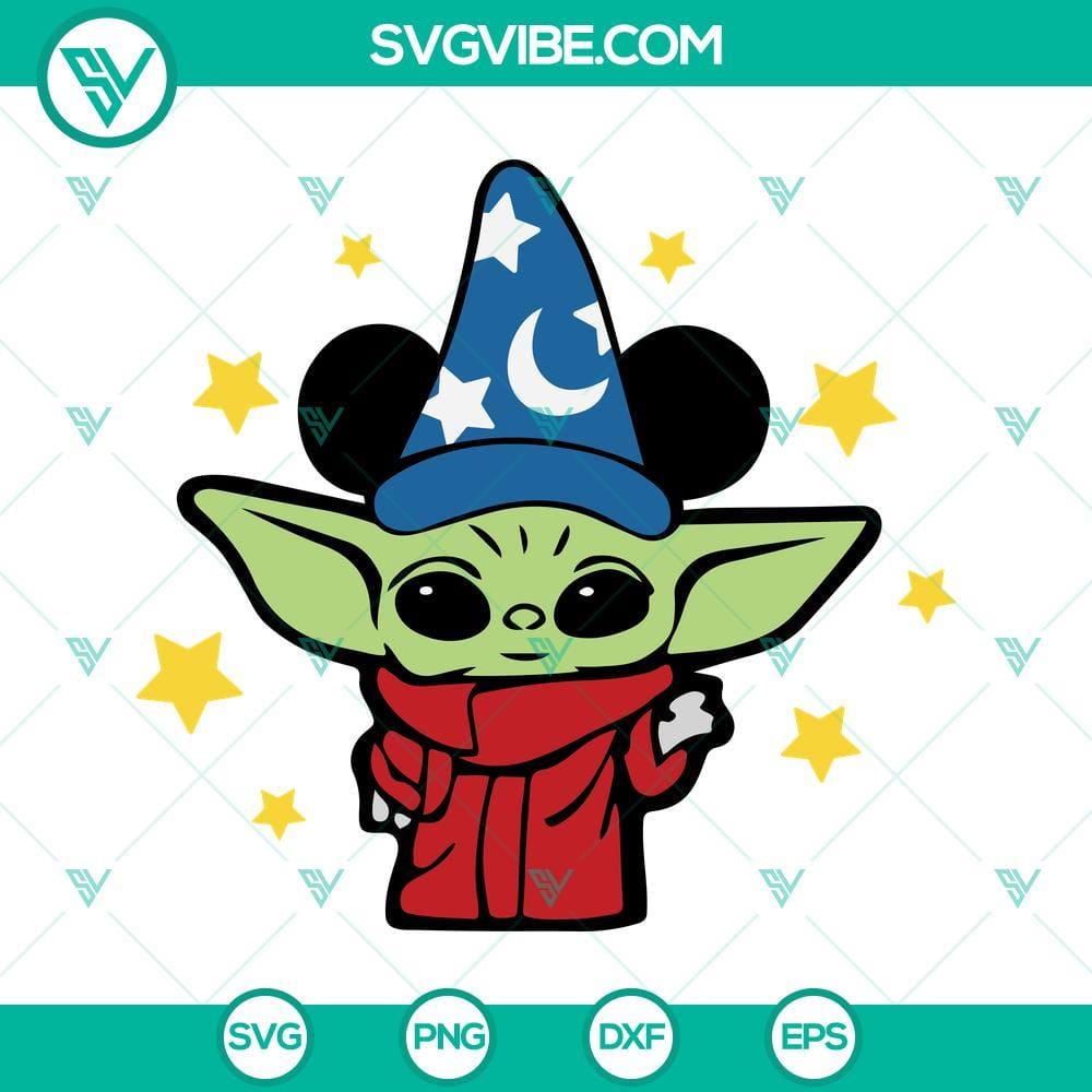 Baby Yoda Fantasia Disney SVG, Baby Yoda Wearing Mickey Ears SVG, Baby Yoda SVG Baby Yoda Fantasia & Mickey Ears SVG images for Disney fans, featuring cute Baby Yoda in iconic Disney attire. Perfect for craft projects.