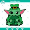 Baby Yoda in leprechaun attire with four-leaf clover, Star Wars inspired SVG download for St. Patrick's Day, cute design element.