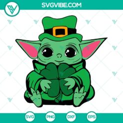 Baby Yoda in leprechaun attire with four-leaf clover, Star Wars inspired SVG download for St. Patrick's Day, cute design element.