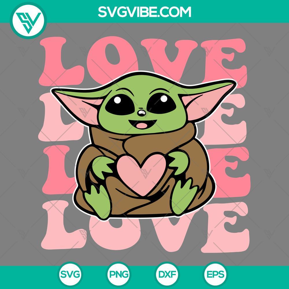 Baby Yoda Love SVG, Baby Yoda Valentine SVG PNG EPS DXF File Baby Yoda Valentine SVG with heart and love theme, downloadable in PNG, EPS, and DXF formats for Valentine's Day crafts and projects.